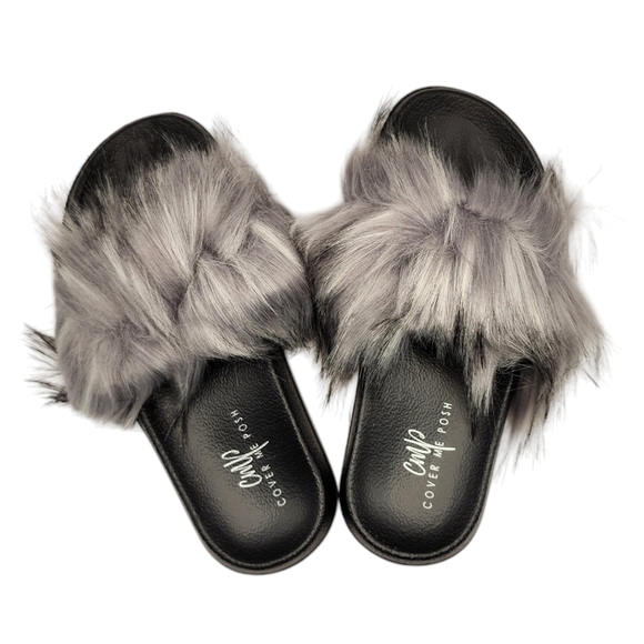 Faux Fur Grey Slide Slippers Non Slip Size 40-41 - Picture 2 of 3